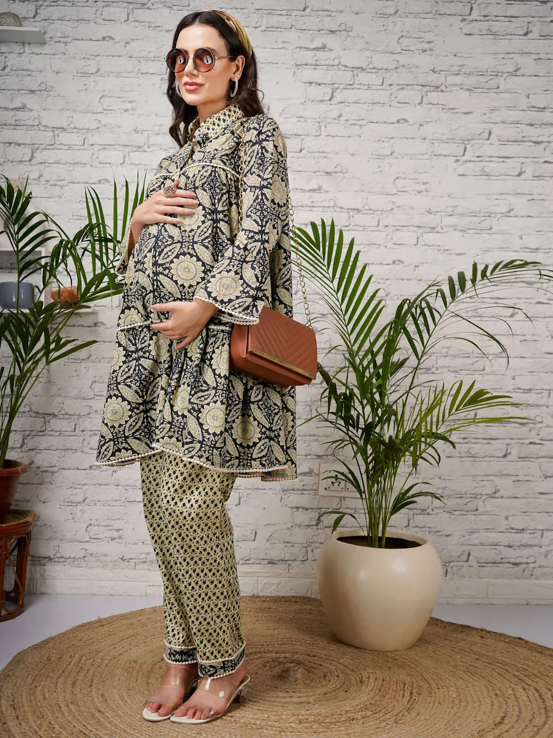 ELINA - GREEN PRINTED KURTA AND MATCHING TROUSER WITH EMBROI MATERNITY CO-ORDS SET