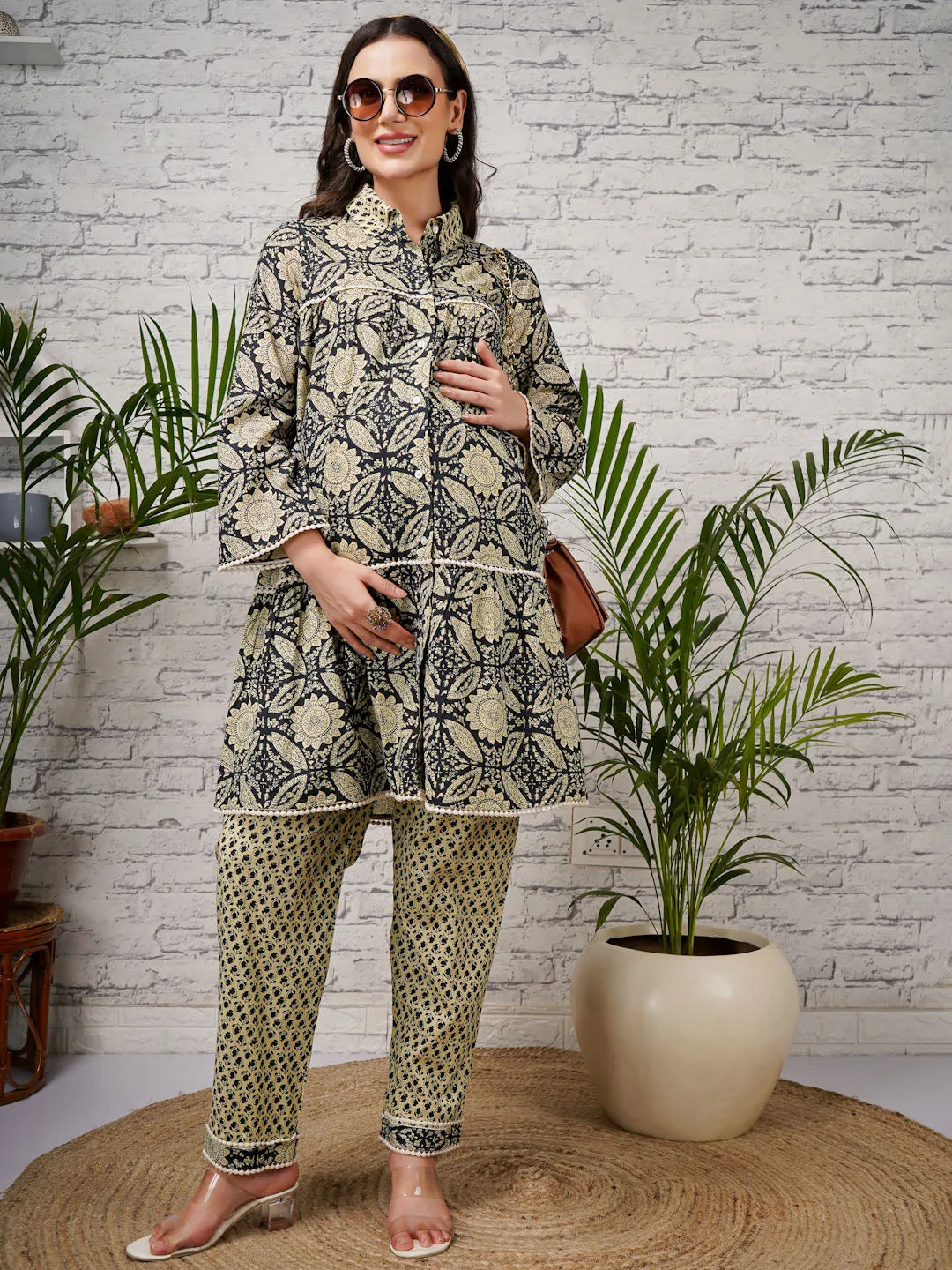 ELINA - GREEN PRINTED KURTA AND MATCHING TROUSER WITH EMBROI MATERNITY CO-ORDS SET