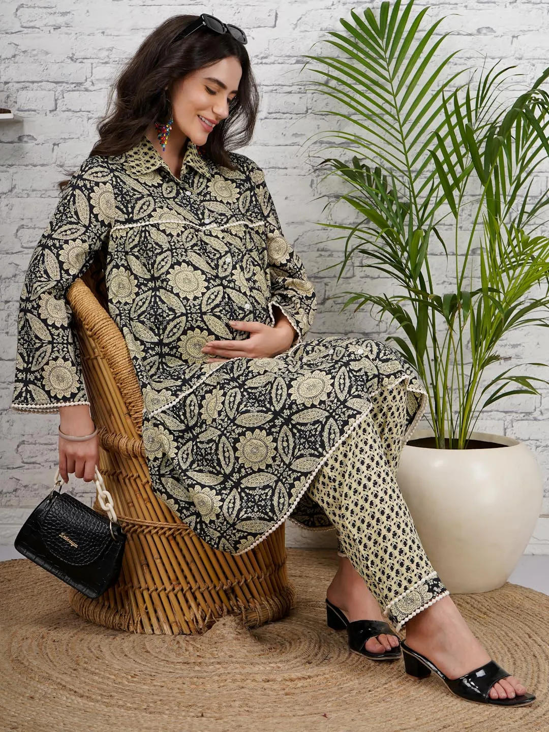 ELINA - GREEN PRINTED KURTA AND MATCHING TROUSER WITH EMBROI MATERNITY CO-ORDS SET