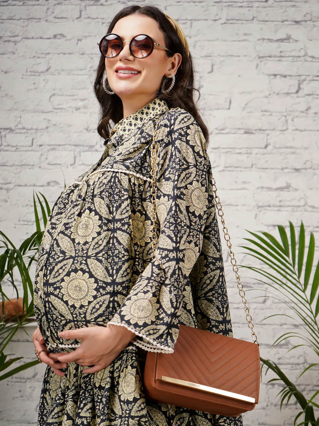 ELINA - GREEN PRINTED KURTA AND MATCHING TROUSER WITH EMBROI MATERNITY CO-ORDS SET