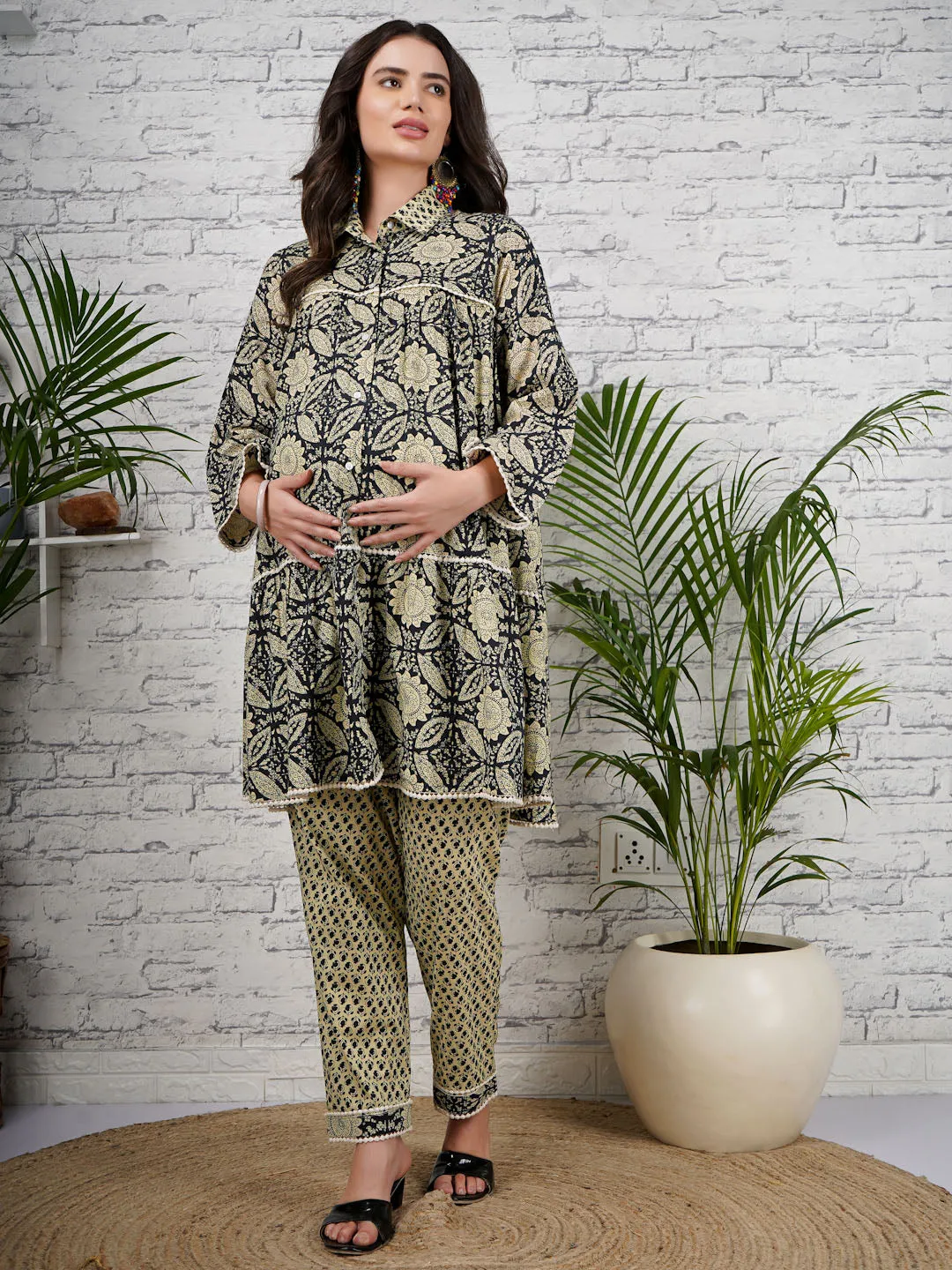 ELINA - GREEN PRINTED KURTA AND MATCHING TROUSER WITH EMBROI MATERNITY CO-ORDS SET