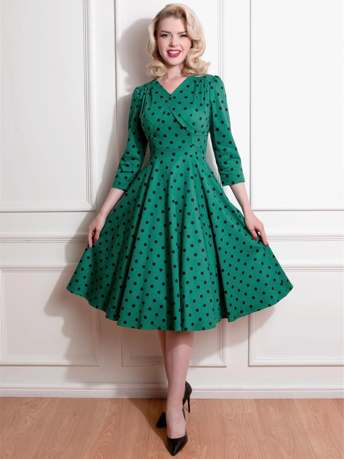 Emerald Green Polka Dot Vintage Style Swing Dress