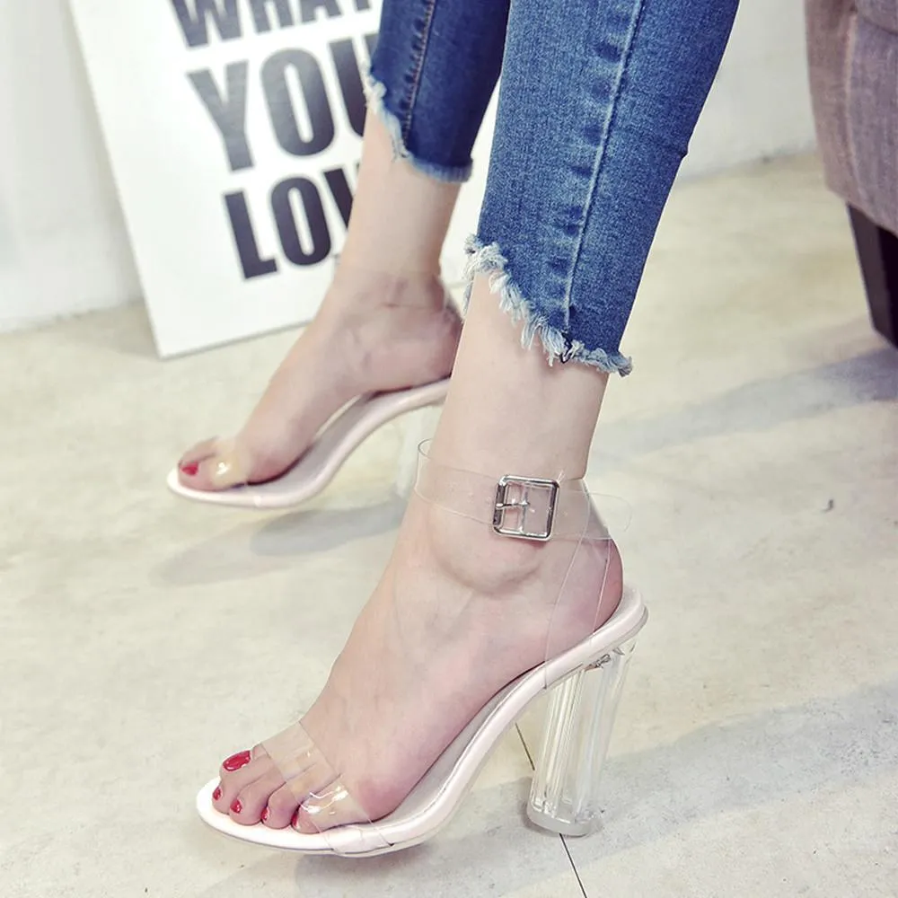 Fashion Women Hasp Transparent Thick Heel High-Heeled Shoes Sandals