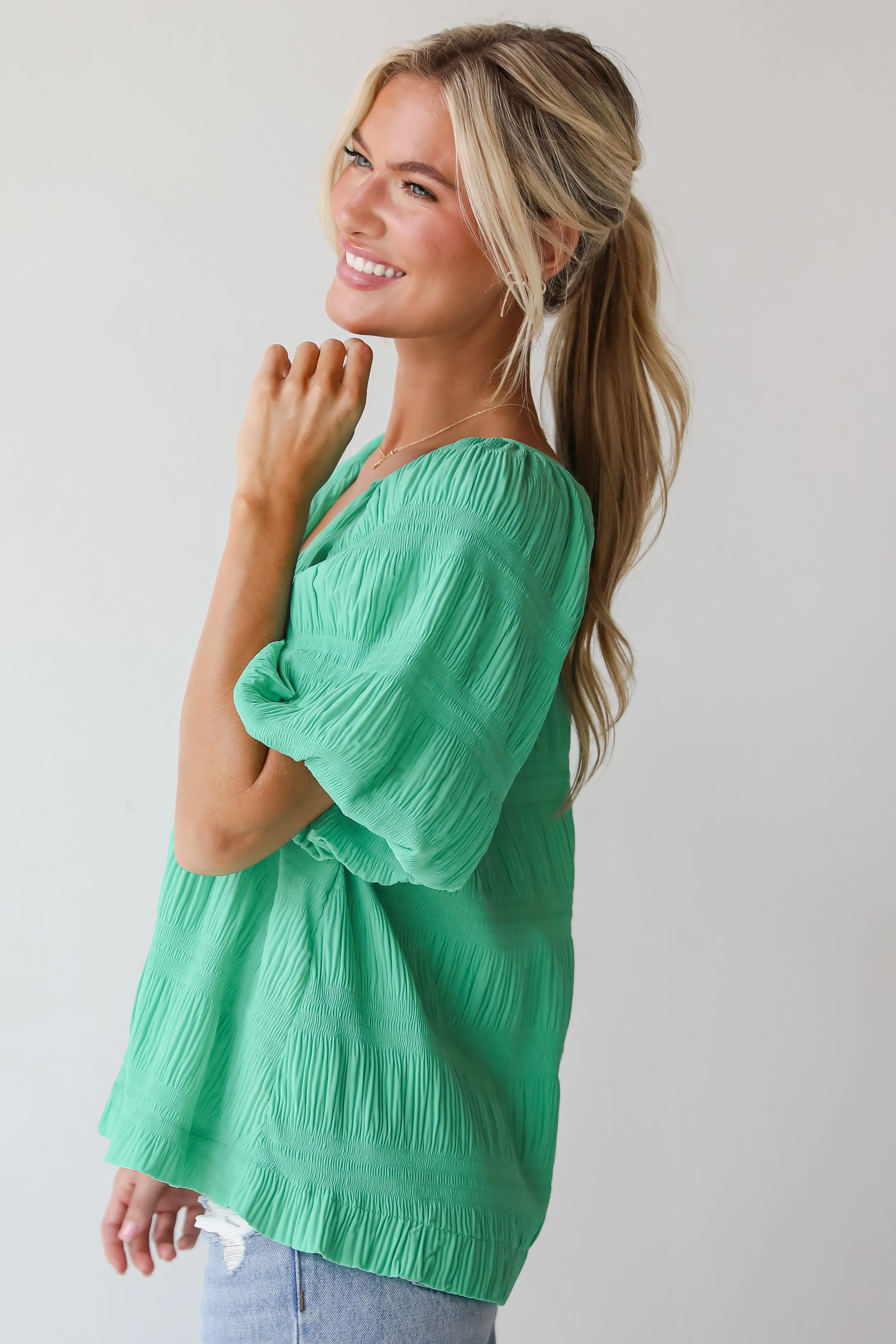 FINAL SALE - Elegant Confidence Green Textured Blouse