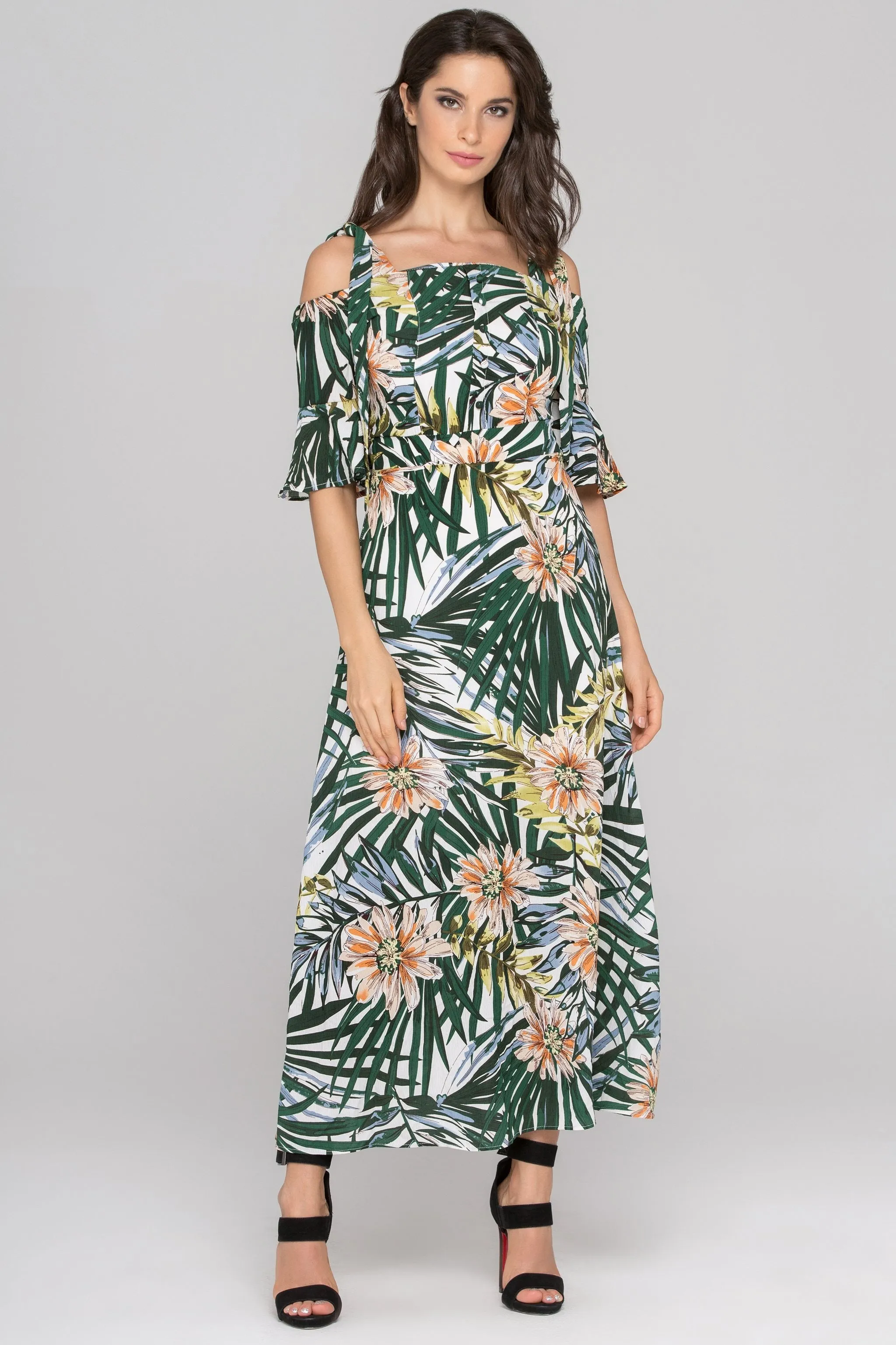 Garden Print Cold Shoulder Maxi Dress