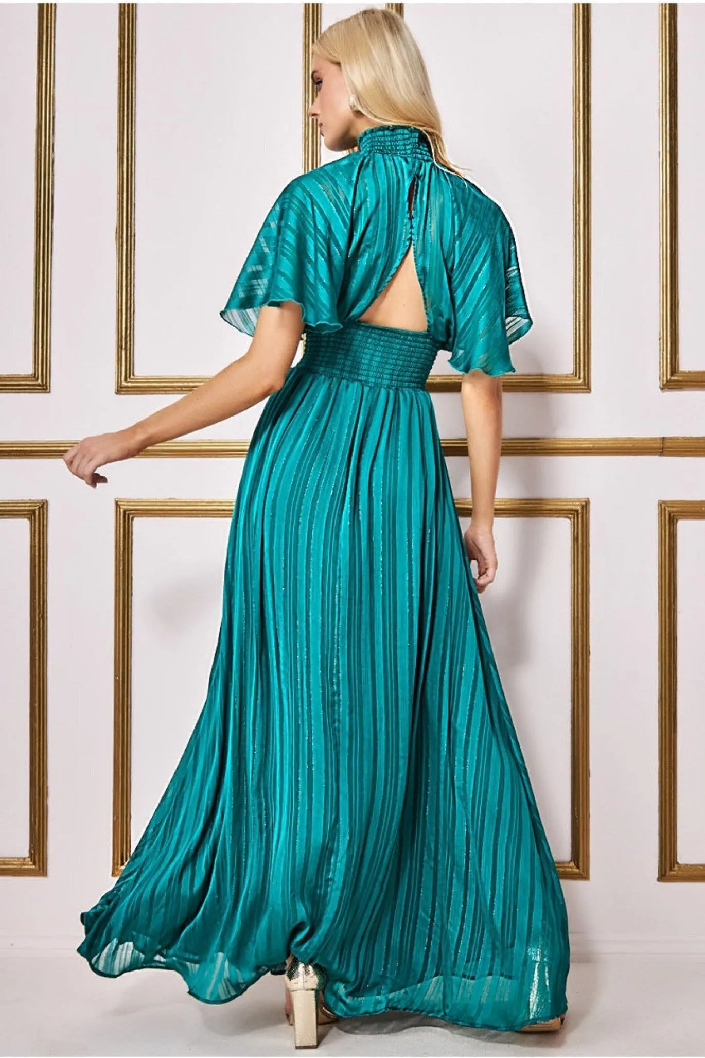 Goddiva Keyhole High Neck Flutter Sleeve Maxi - Emerald