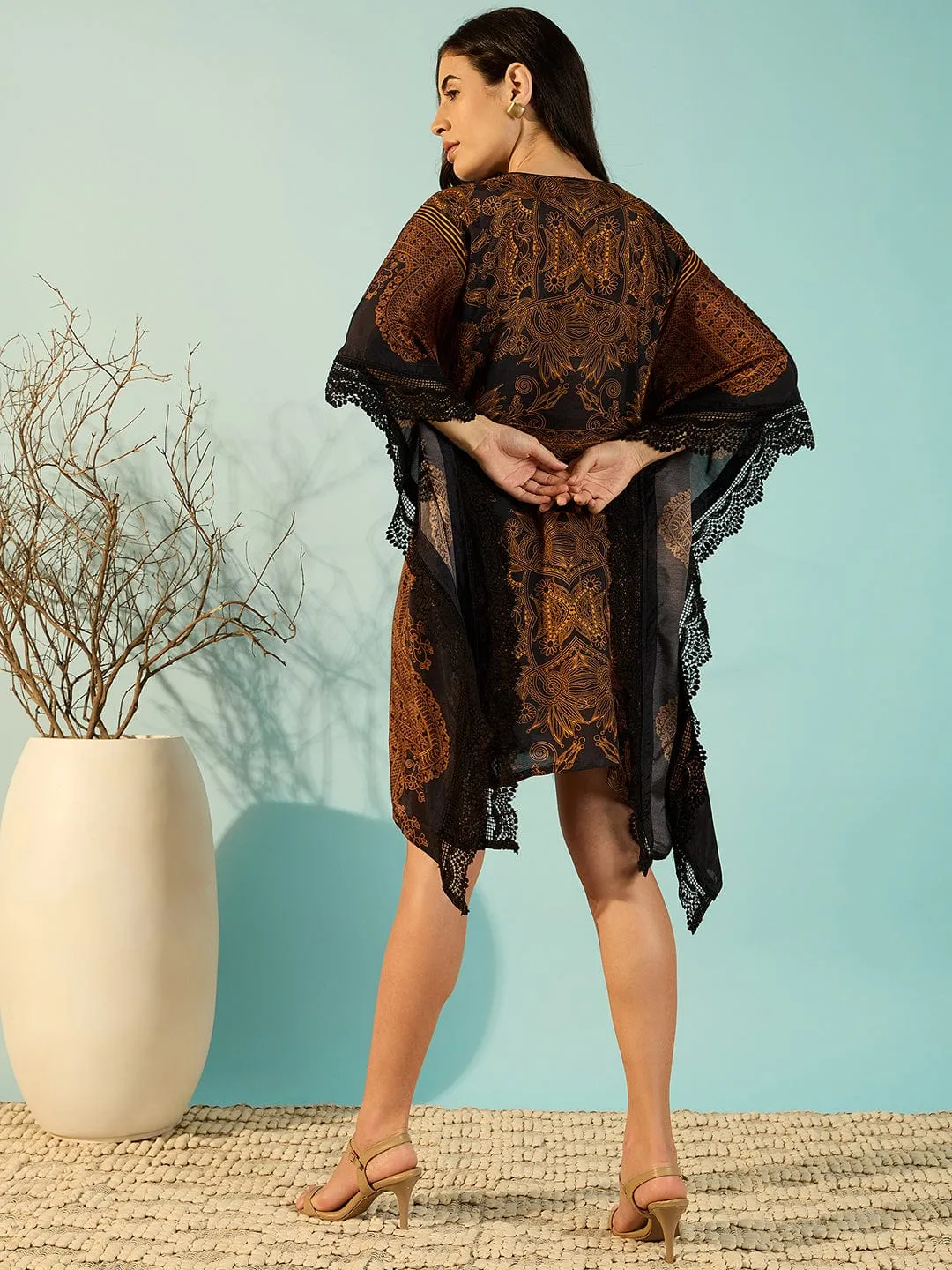 Golden Eclectic Printed Stylish Kaftan Dress For Women