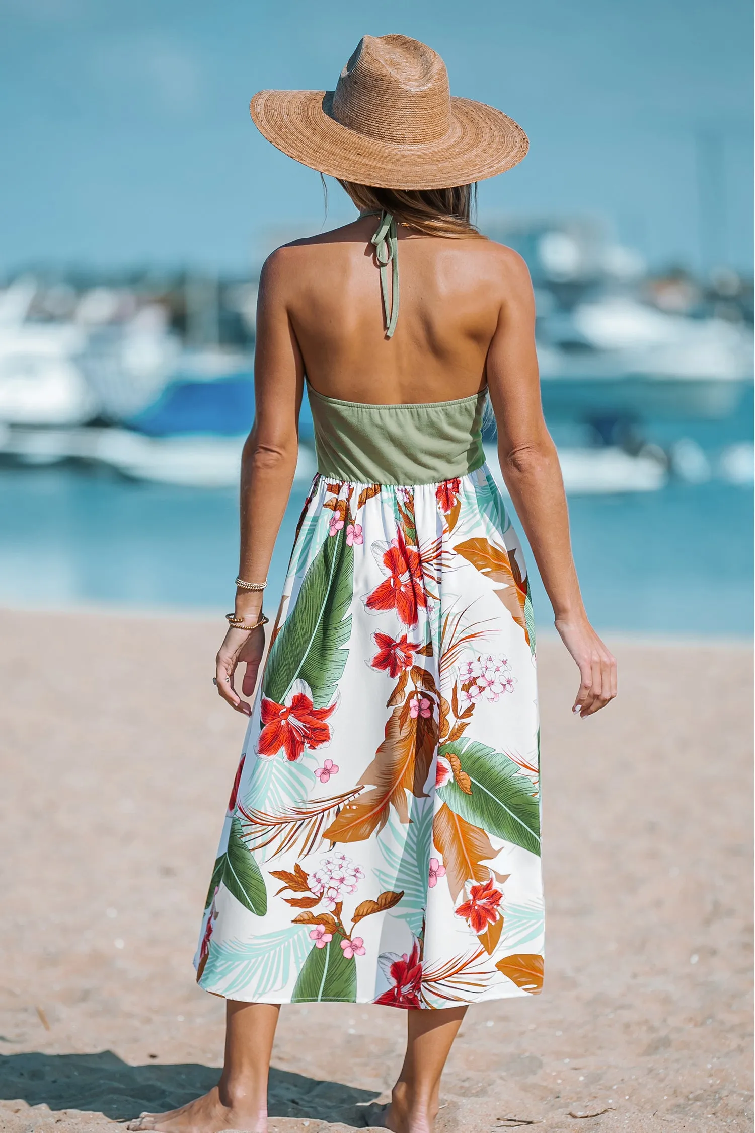 Halter Neck Tropical Floral Leaf Print Dress