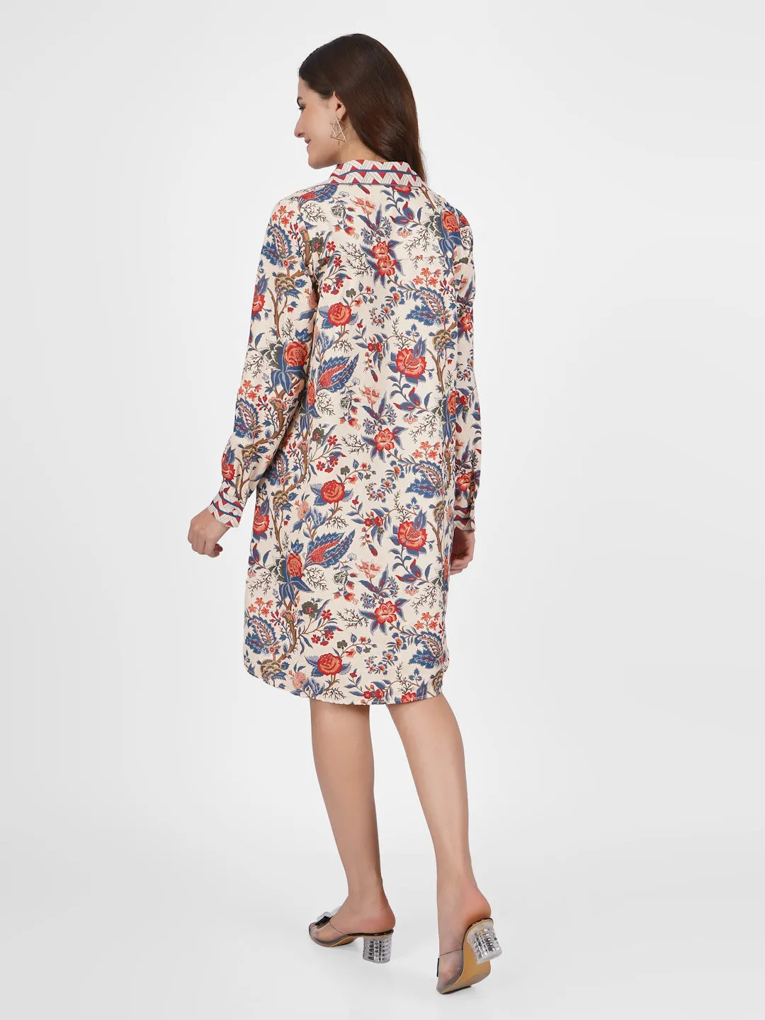 HINA - BEIGE FLORAL PRINTED SHIRT A-LINE MATERNITY DRESS