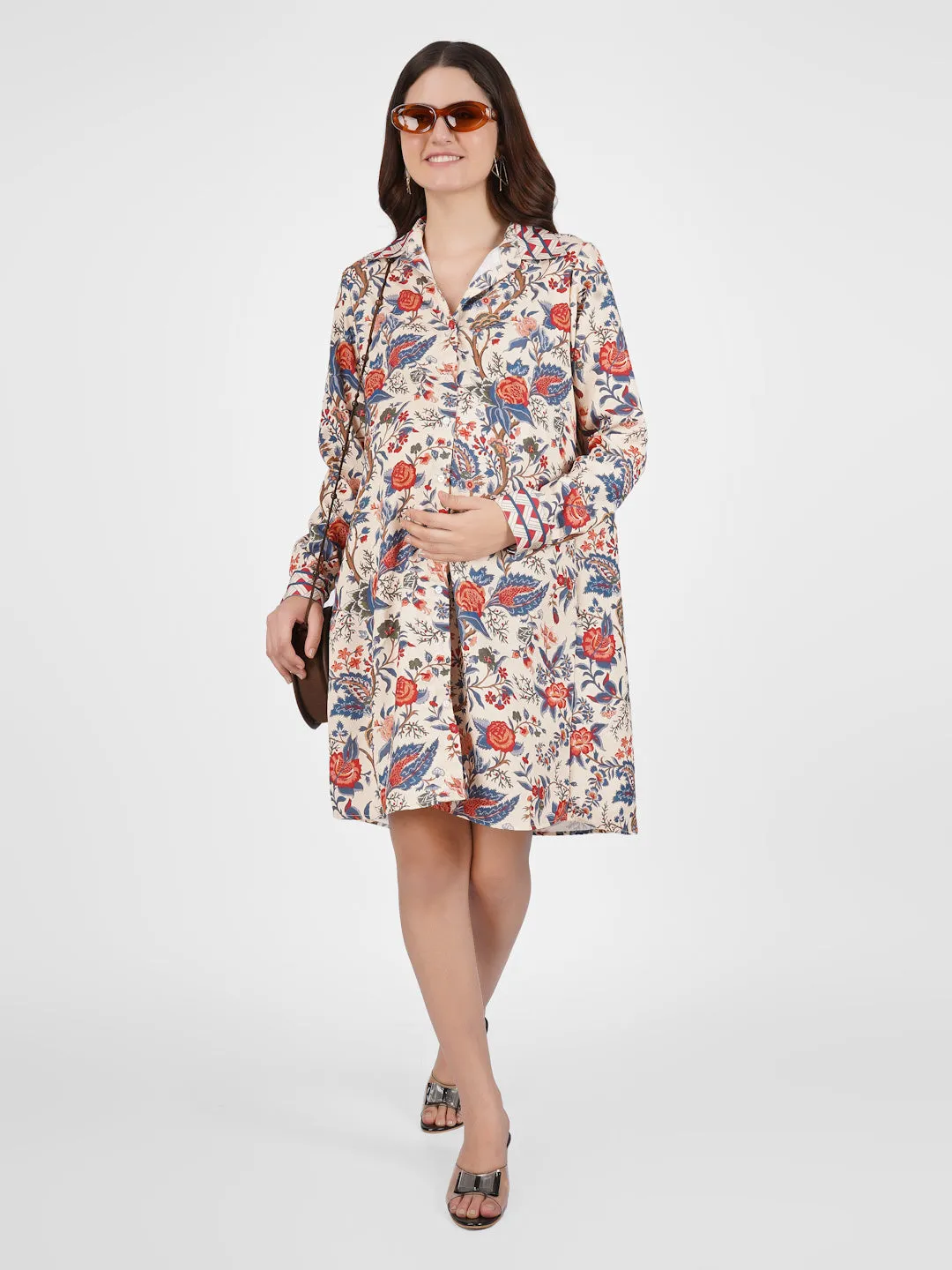 HINA - BEIGE FLORAL PRINTED SHIRT A-LINE MATERNITY DRESS