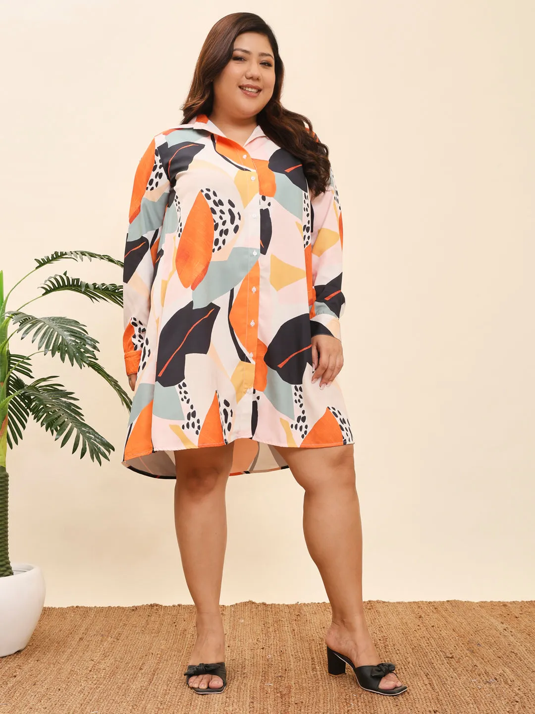 HOOR - BLACK AND ORANGE ABSTRACT PRINT KNEE LENGTH SHIRT PLUS DRESS