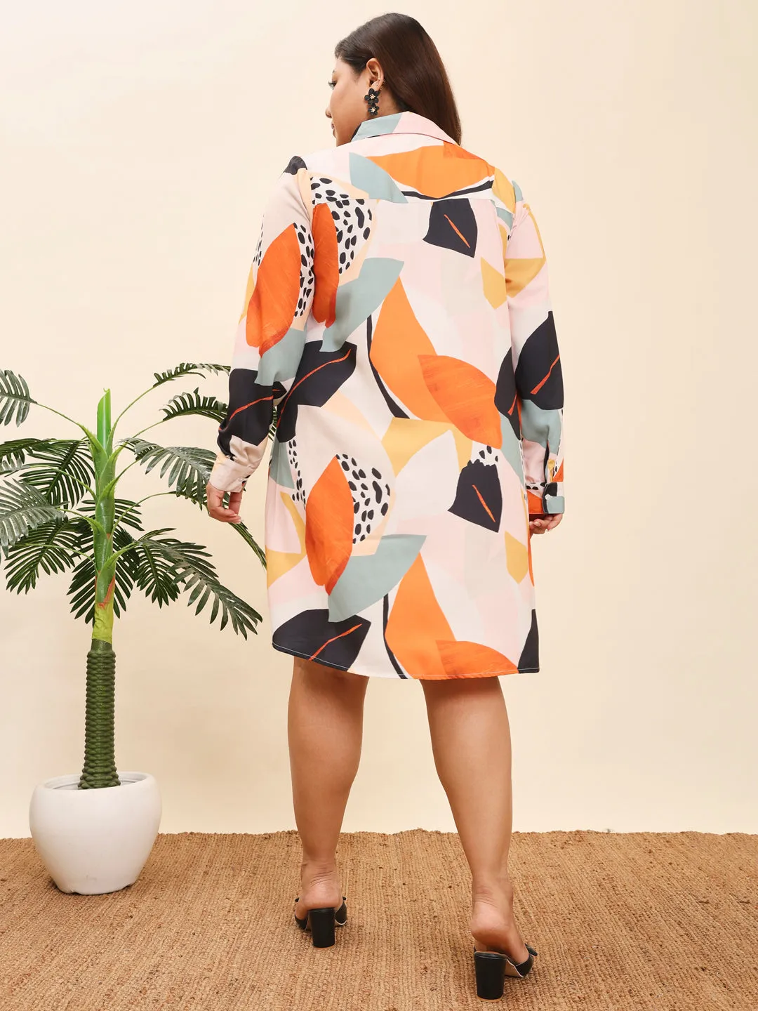 HOOR - BLACK AND ORANGE ABSTRACT PRINT KNEE LENGTH SHIRT PLUS DRESS