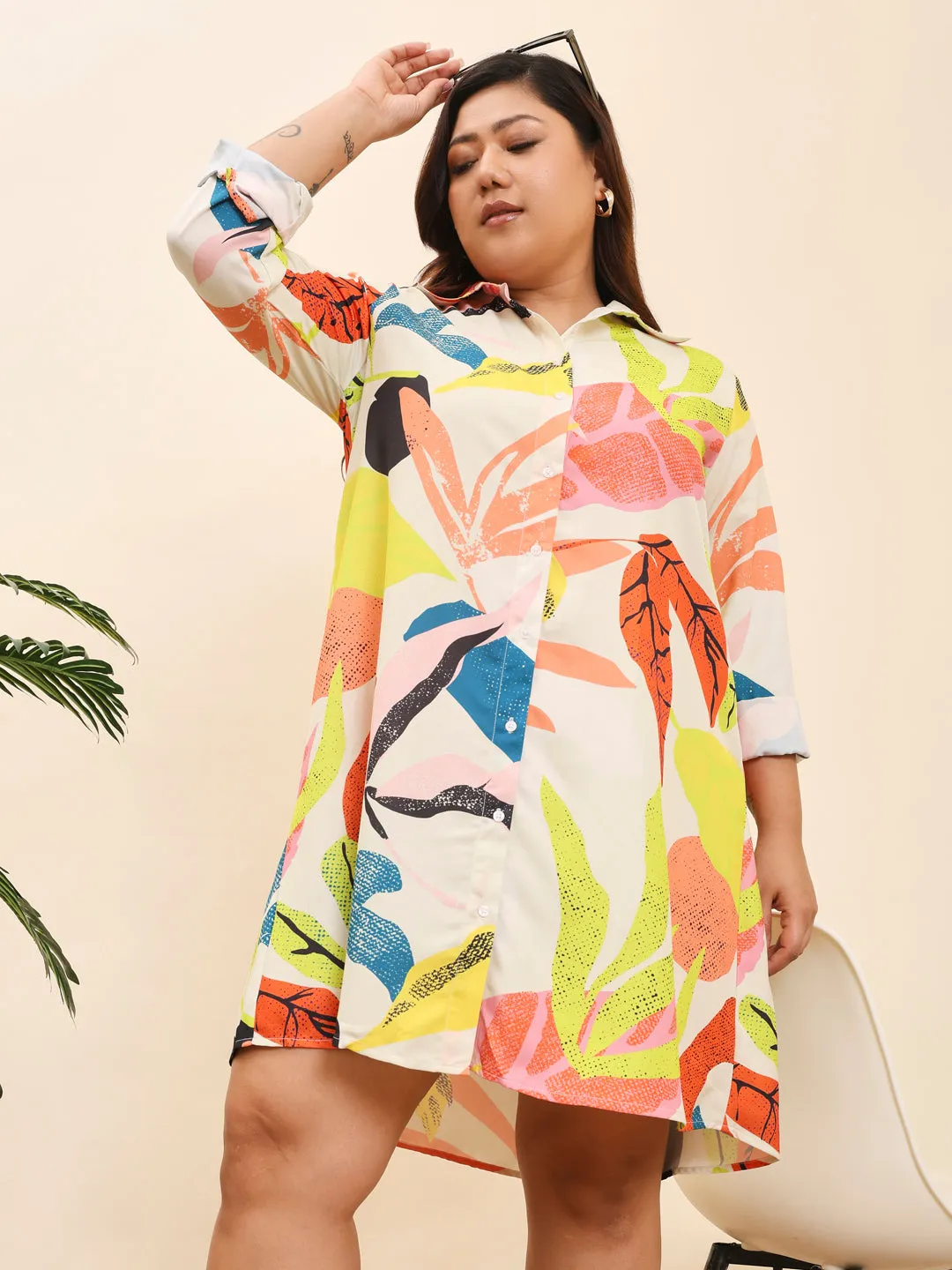 HOOR - MULTI COLORED ABSTACT PRINTED  KNEE LENGTH SHIRT PLUS DRESS