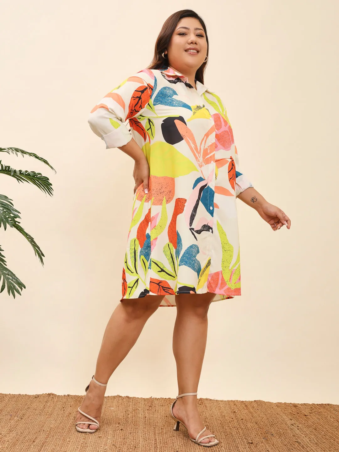 HOOR - MULTI COLORED ABSTACT PRINTED  KNEE LENGTH SHIRT PLUS DRESS