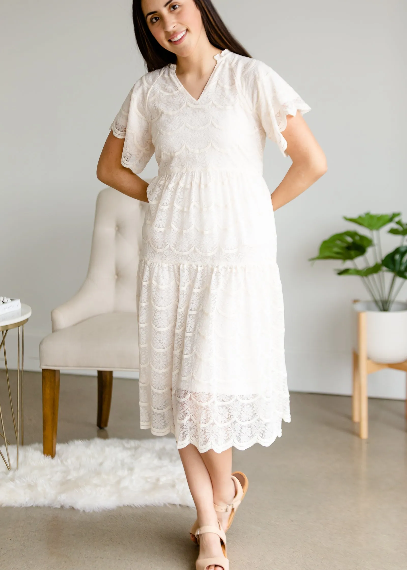 Ivory Lace Overlay Midi Dress - FINAL SALE