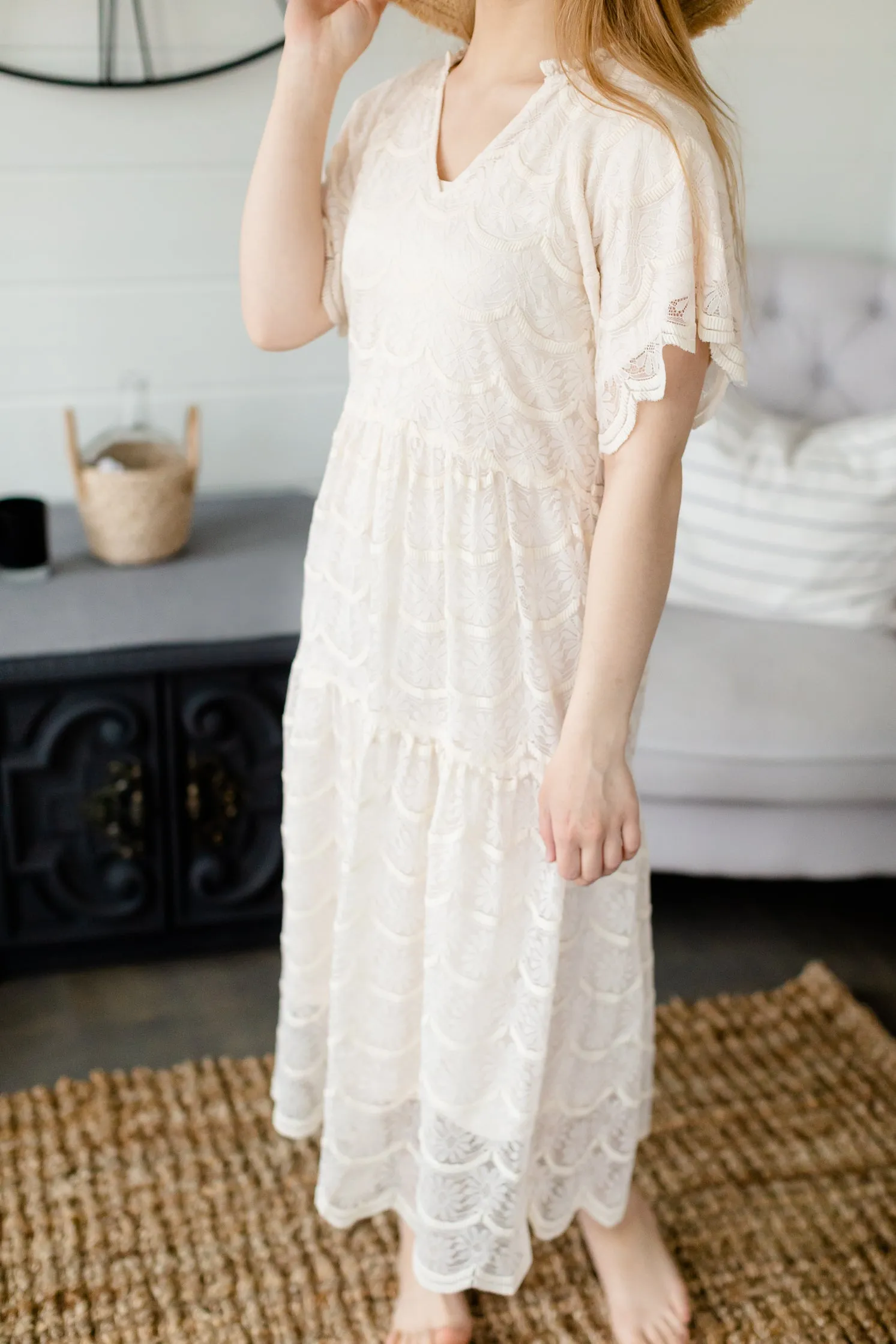 Ivory Lace Overlay Midi Dress - FINAL SALE