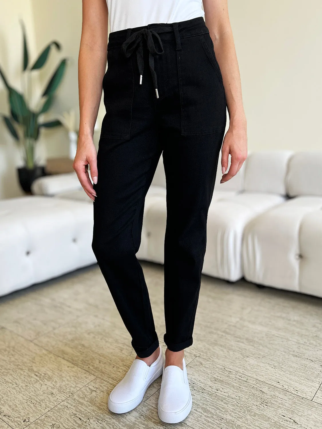 Judy Blue High Waist Double Roll Cuff Jeans in Black