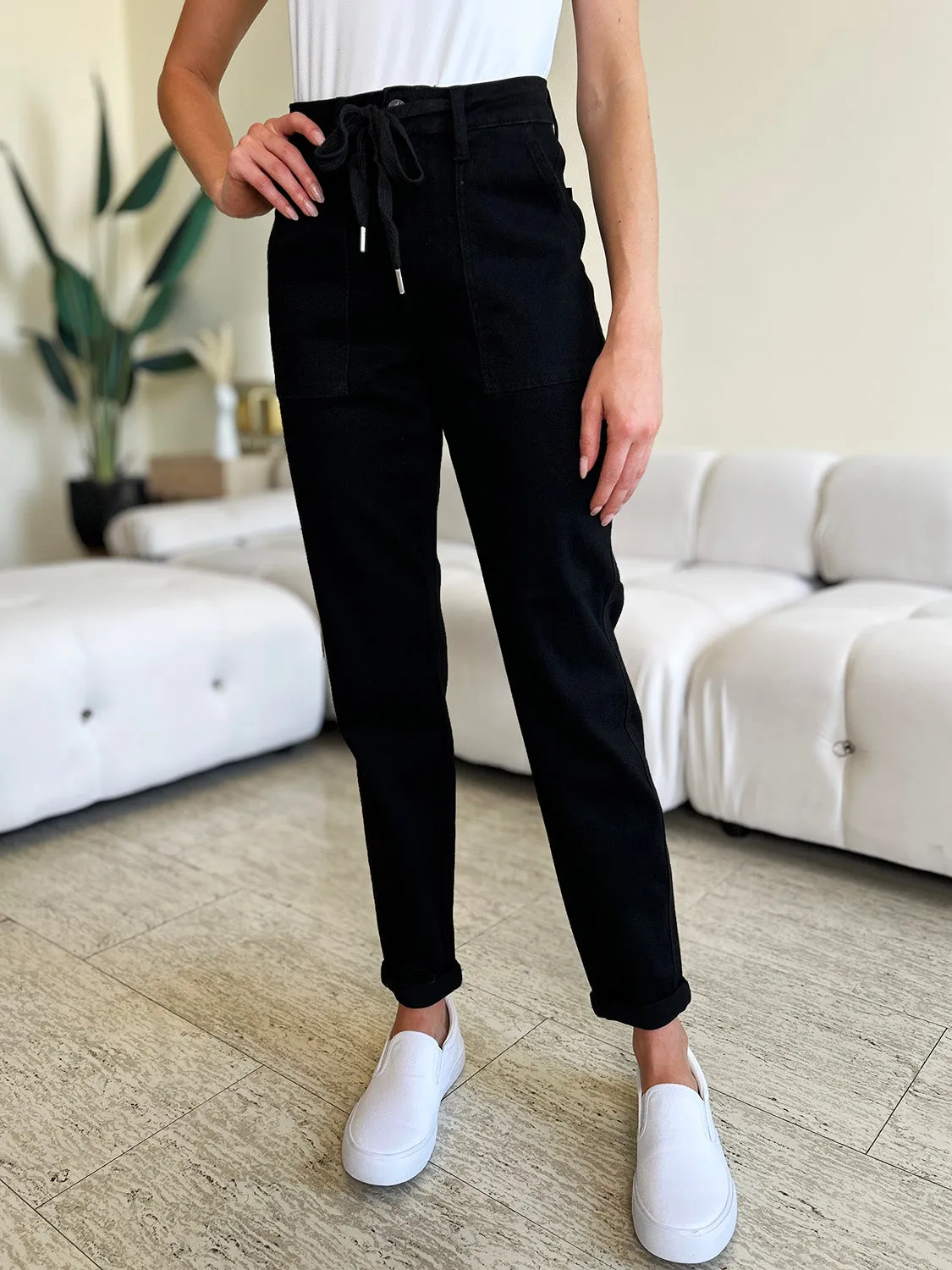 Judy Blue High Waist Double Roll Cuff Jeans in Black