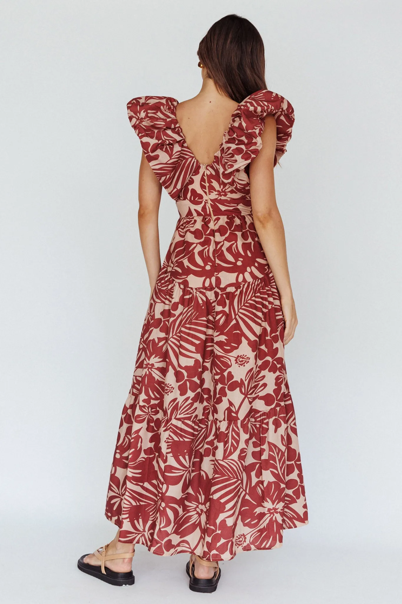 Kahlo Puffed Ruffle Neckline Maxi Dress Print Flame