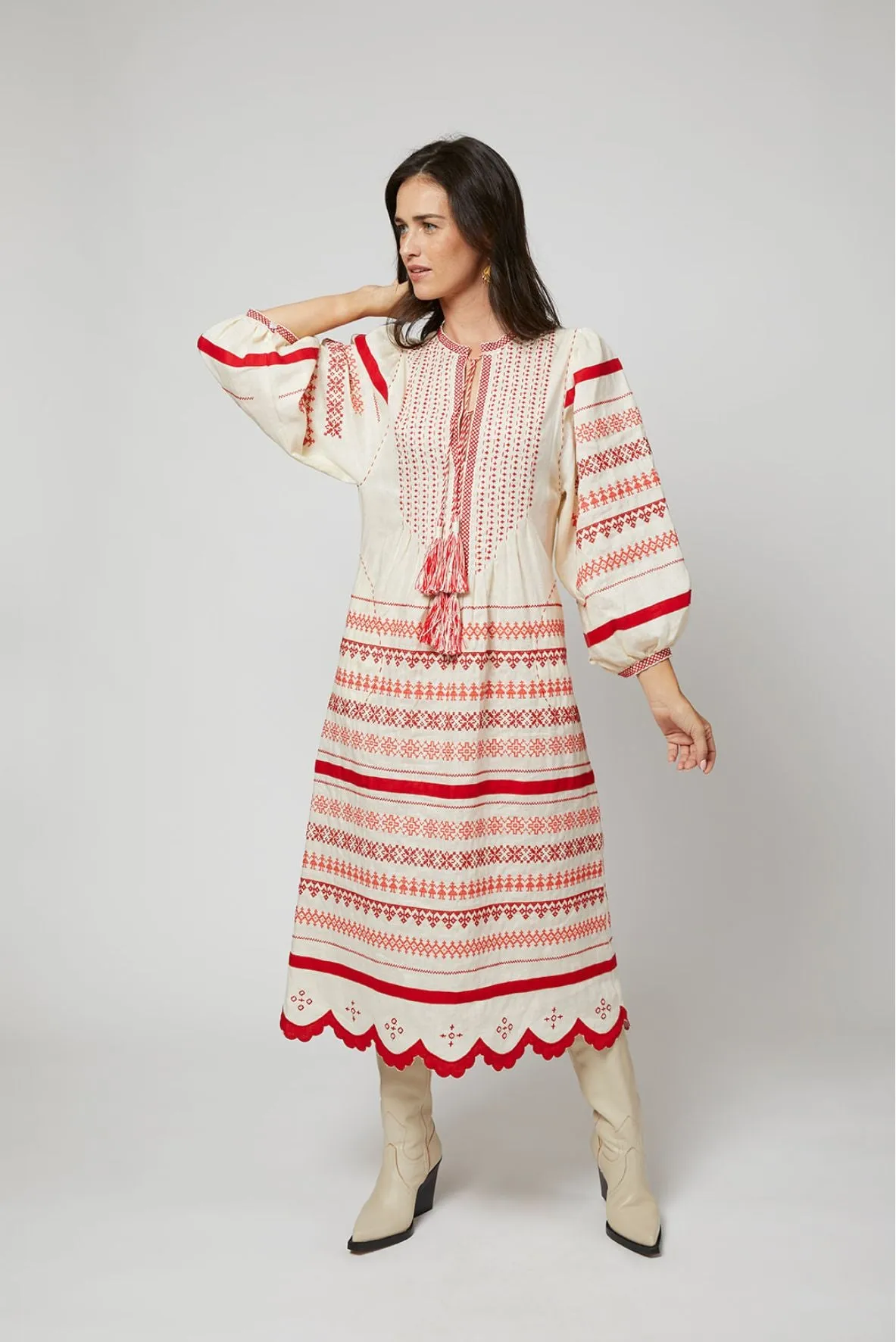 Kateryna Embroidered Ukrainian Dress - Ivory, Red