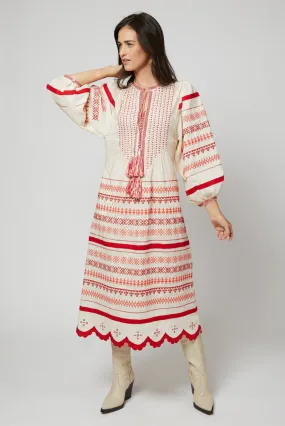 Kateryna Embroidered Ukrainian Dress - Ivory, Red