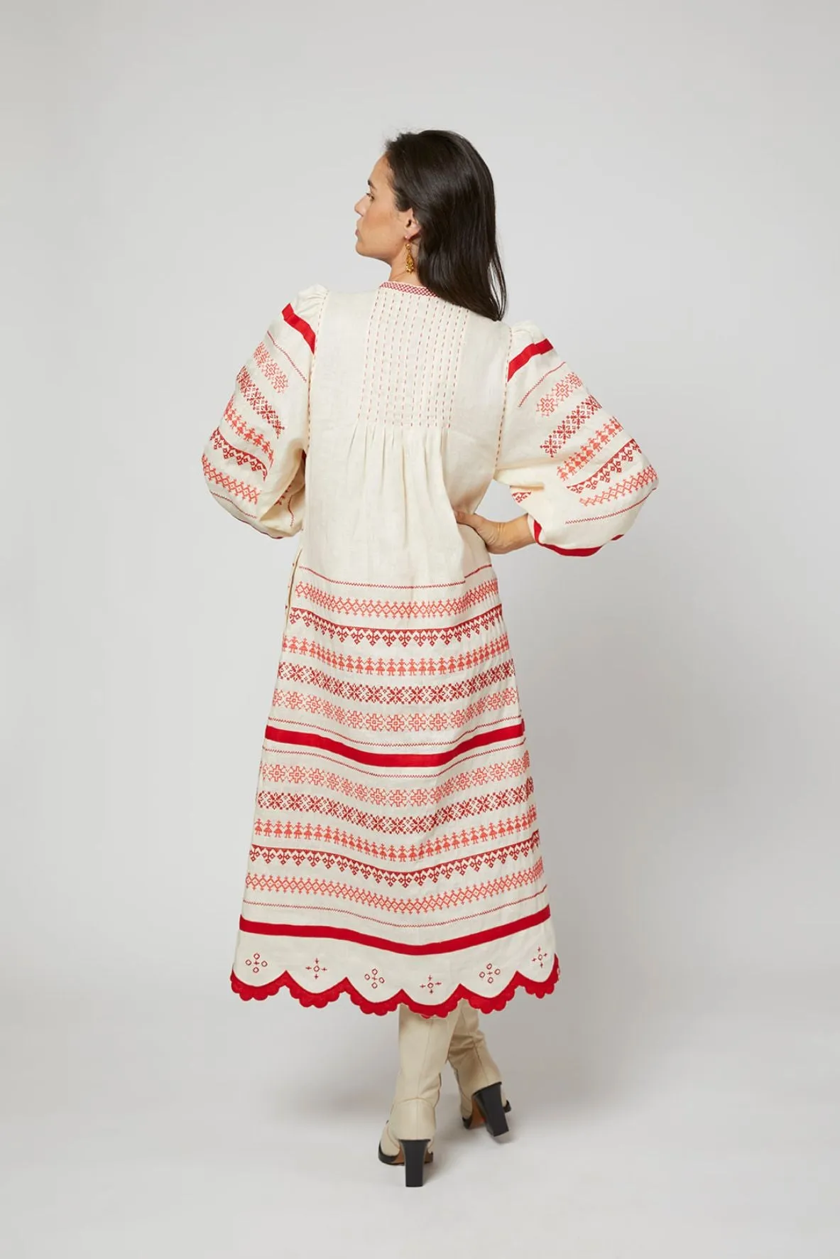 Kateryna Embroidered Ukrainian Dress - Ivory, Red