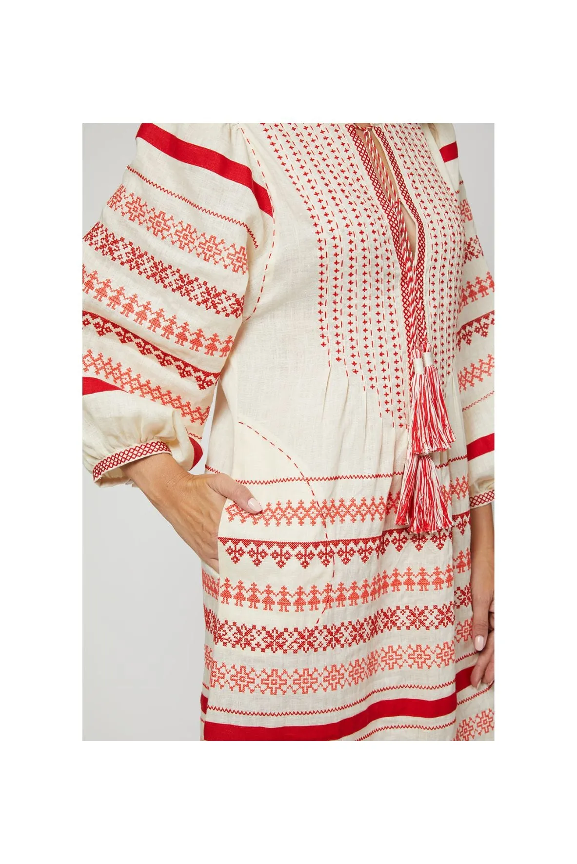 Kateryna Embroidered Ukrainian Dress - Ivory, Red