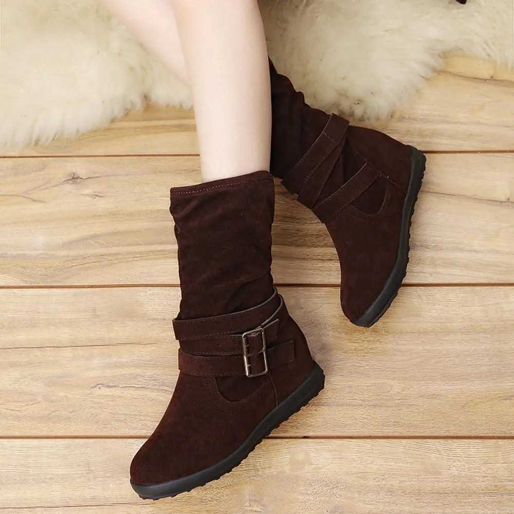 Ladies Womens Low Wedge Buckle Biker Ankle Trim Flat Ankle Boots Shoes