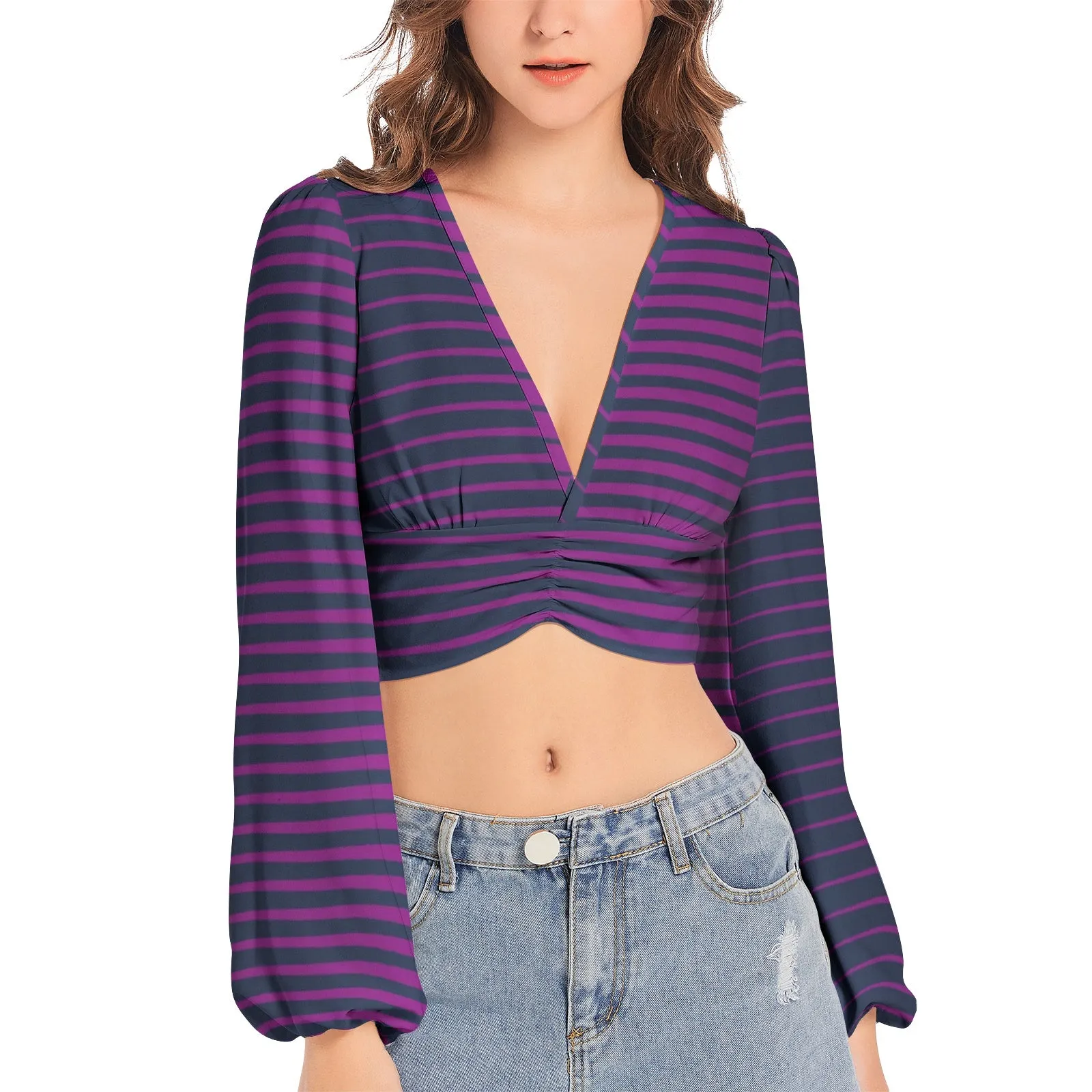 Lavender Wedges Women's Deep V-Neck Lantern Sleeve Crop Top