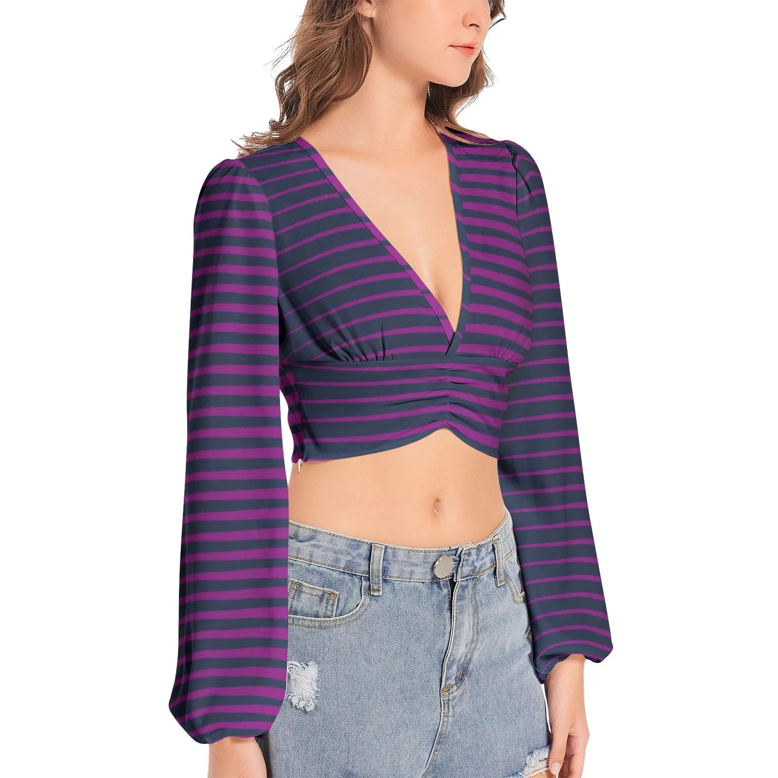 Lavender Wedges Women's Deep V-Neck Lantern Sleeve Crop Top