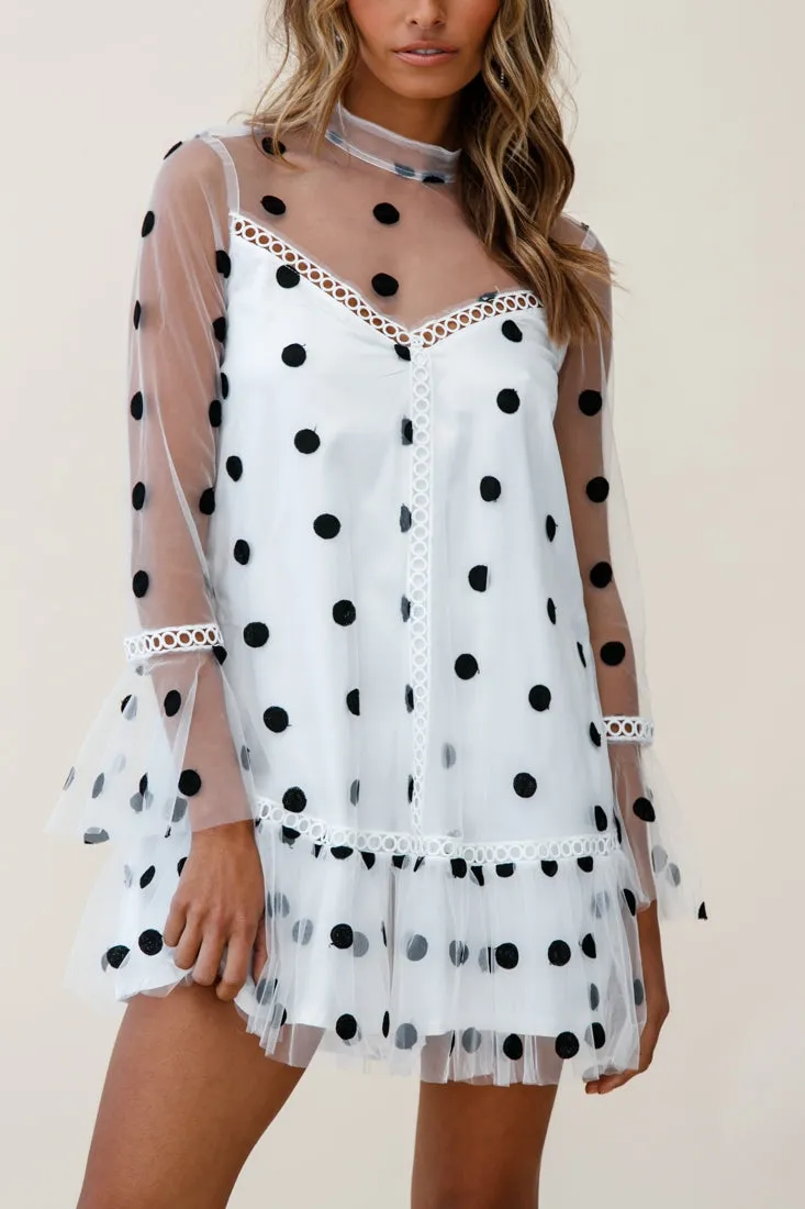 Lena Sheer Overlay High Neck Polka Dot Romper Dress White