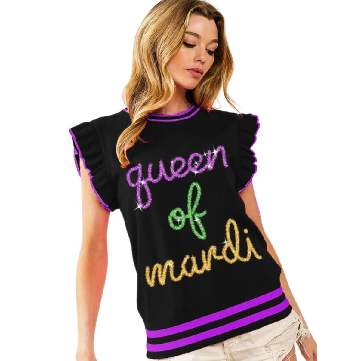 Mardi Gras Queen Of Mardi Ruffled Armhole Sleeveless Knit Black Top