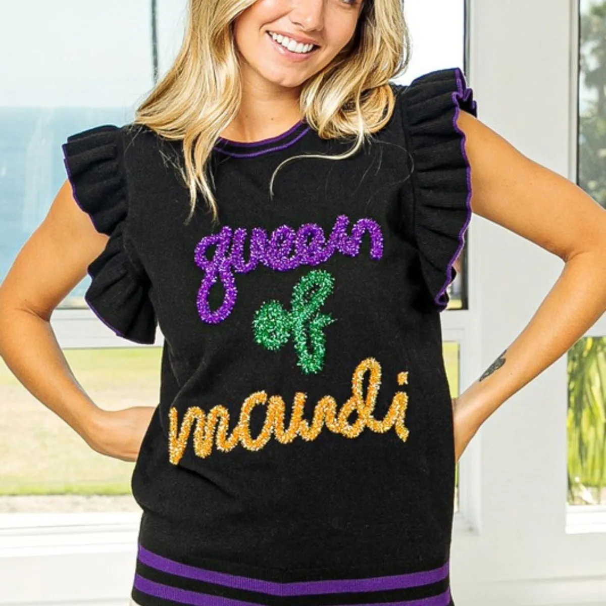 Mardi Gras Queen Of Mardi Ruffled Armhole Sleeveless Knit Black Top