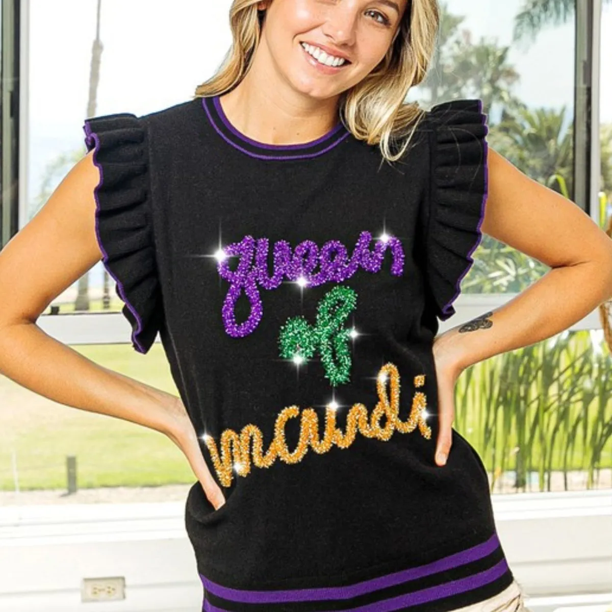 Mardi Gras Queen Of Mardi Ruffled Armhole Sleeveless Knit Black Top