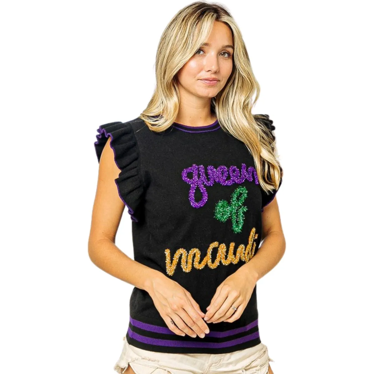 Mardi Gras Queen Of Mardi Ruffled Armhole Sleeveless Knit Black Top