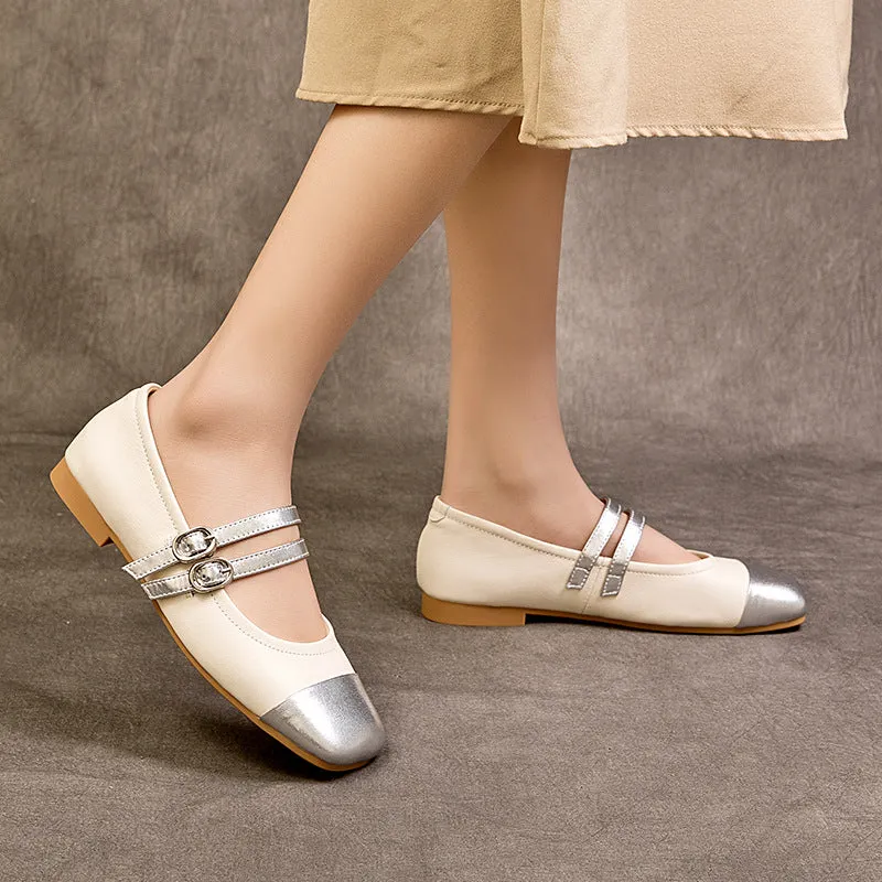 Mary Jane Double Strap Panelled Square Toe Shoes