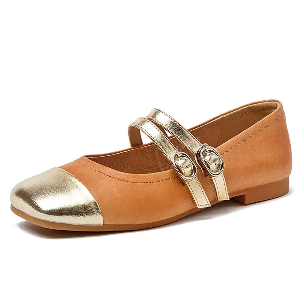 Mary Jane Double Strap Panelled Square Toe Shoes