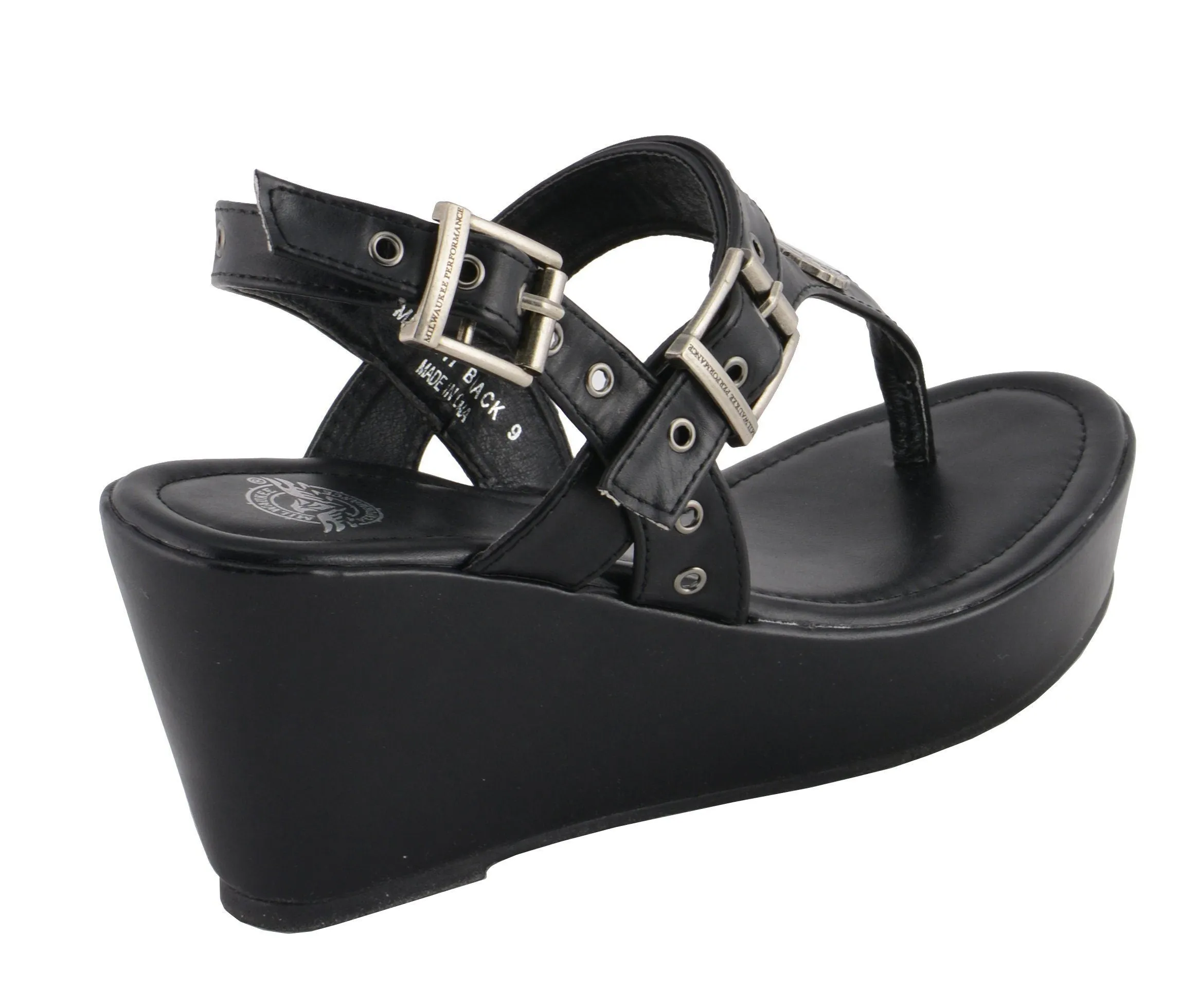 Milwaukee Leather MBL9411 Women's Black Wedge Fashion Casual Sandals with Buckled Straps