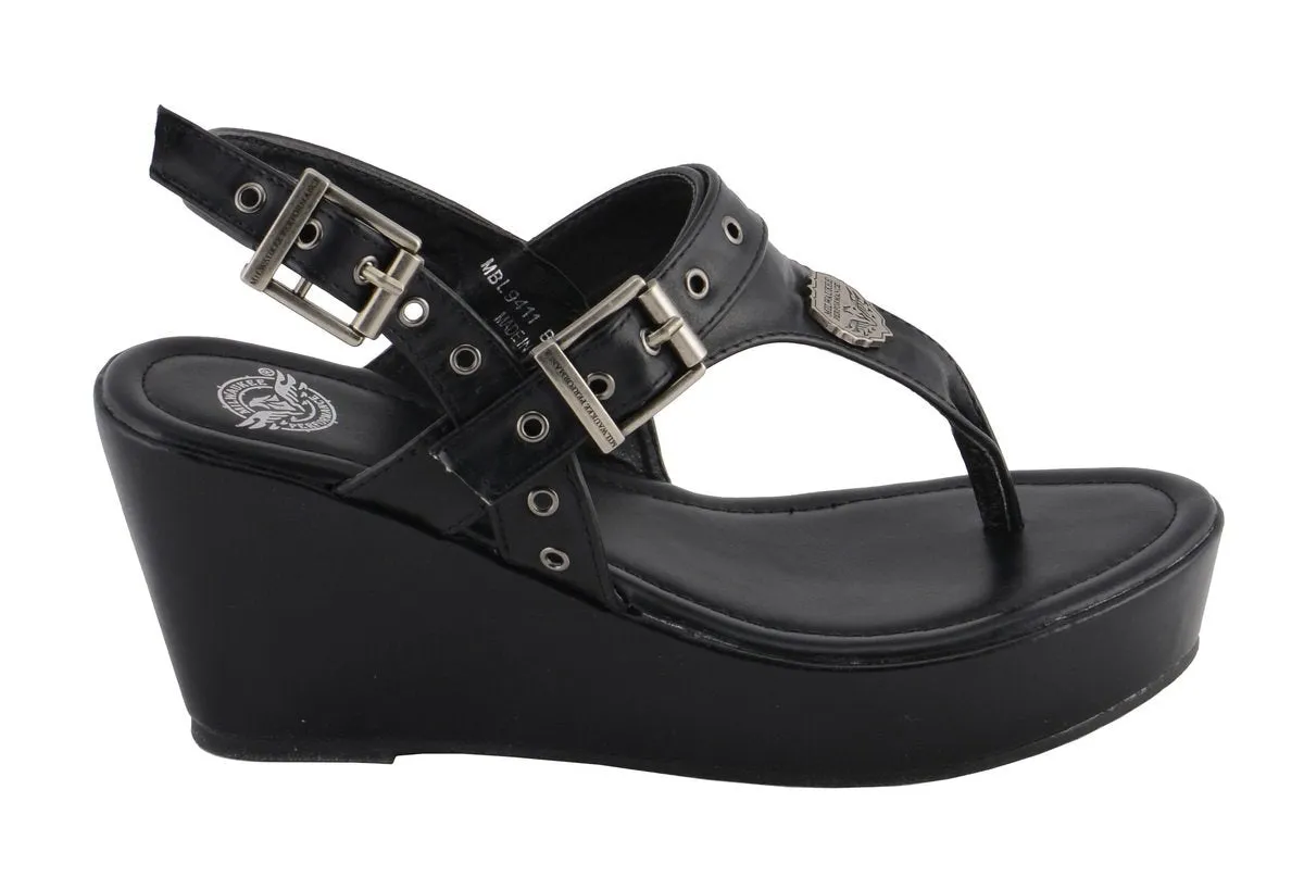 Milwaukee Leather MBL9411 Women's Black Wedge Fashion Casual Sandals with Buckled Straps