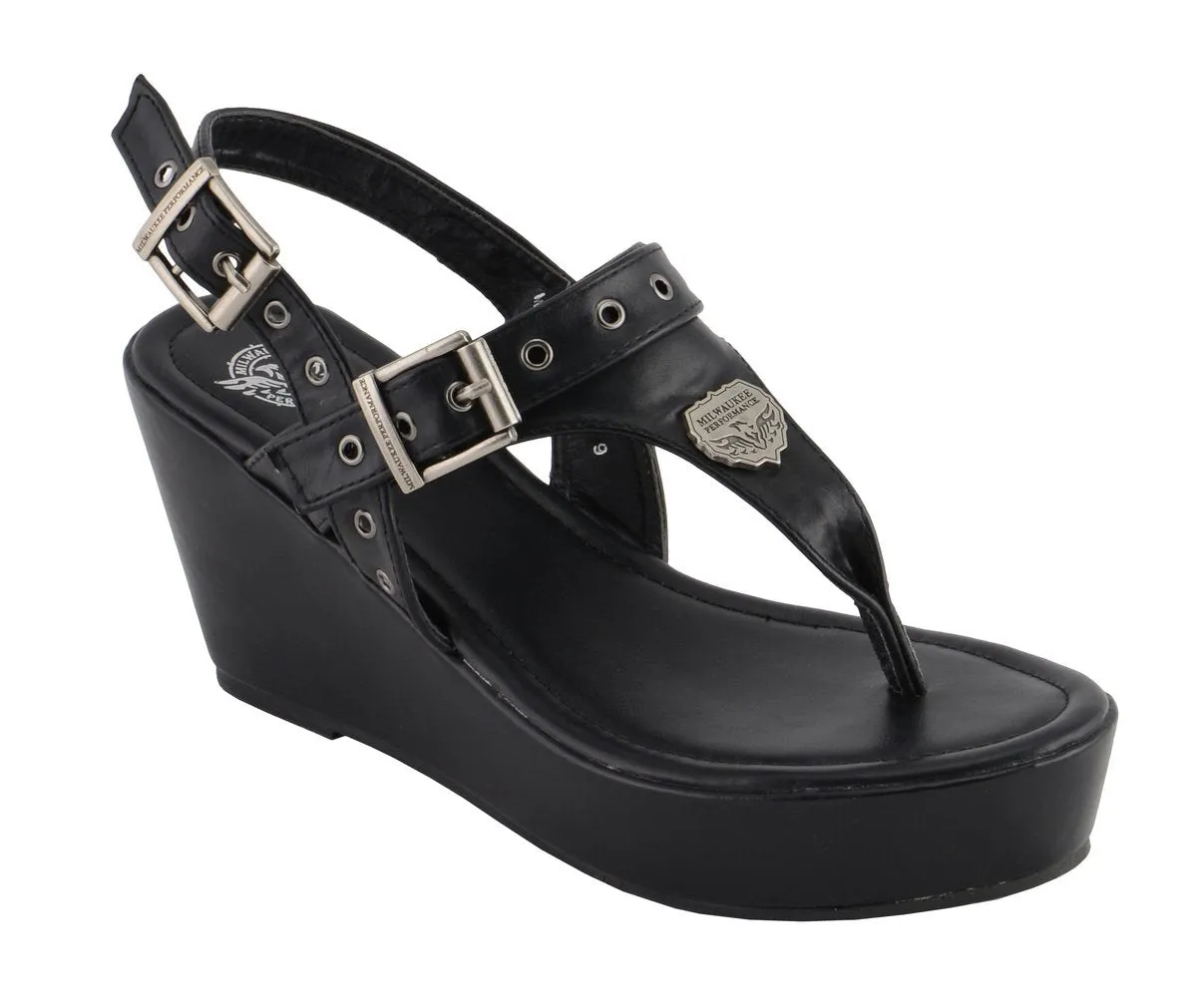 Milwaukee Leather MBL9411 Women's Black Wedge Fashion Casual Sandals with Buckled Straps