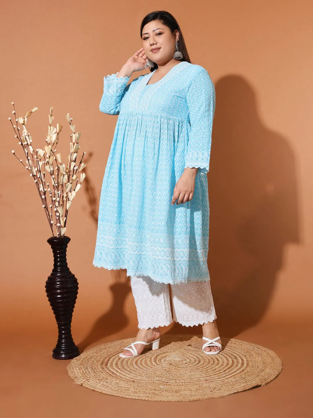 MIMI - BLUE AND WHITE THREAD WORK KURTA PLUS CO-ORDS SET