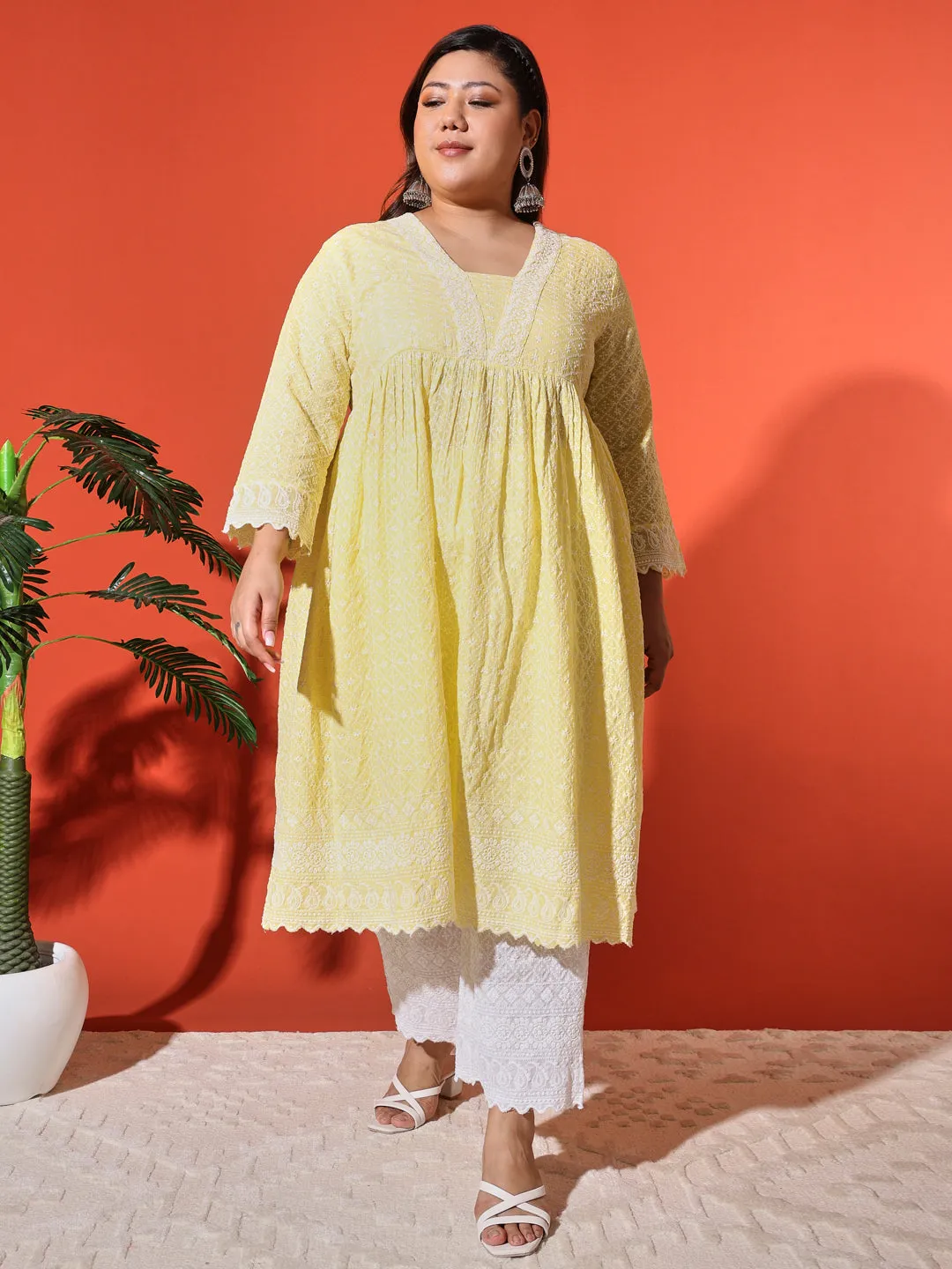 MIMI - YELLOW AND WHITE THREAD WORK KURTA PLUS CO-ORDS SET