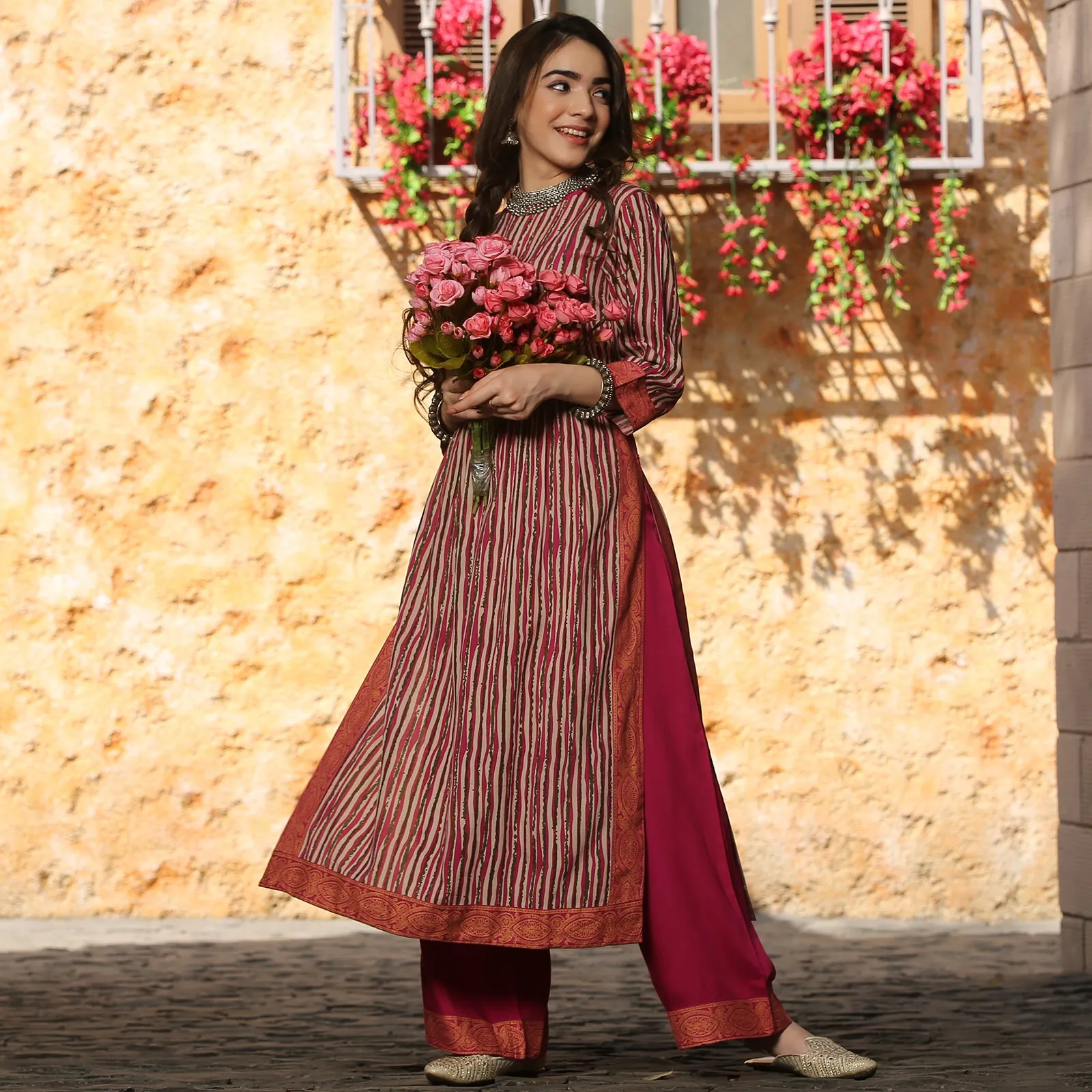 Multicolour Striped Front Gather Kurta Palazzo Set