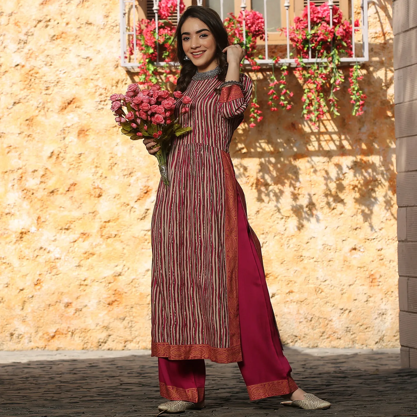 Multicolour Striped Front Gather Kurta Palazzo Set