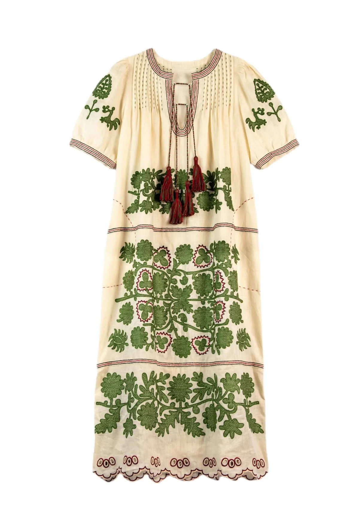 Natalia Ukrainian Embroidered Dress - Ivory, Olive