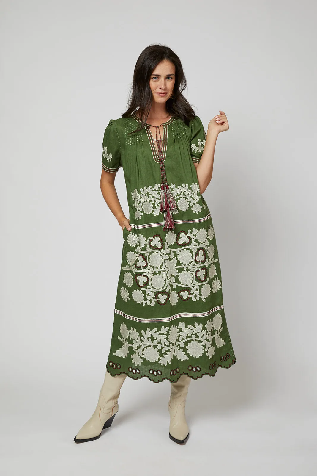 Natalia Ukrainian Embroidered Dress - Ivory, Olive