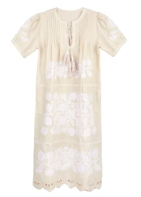 Natalia Ukrainian Embroidered Dress - Wheat, White