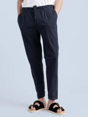 Navy Linen-Cotton Drawstring Trouser