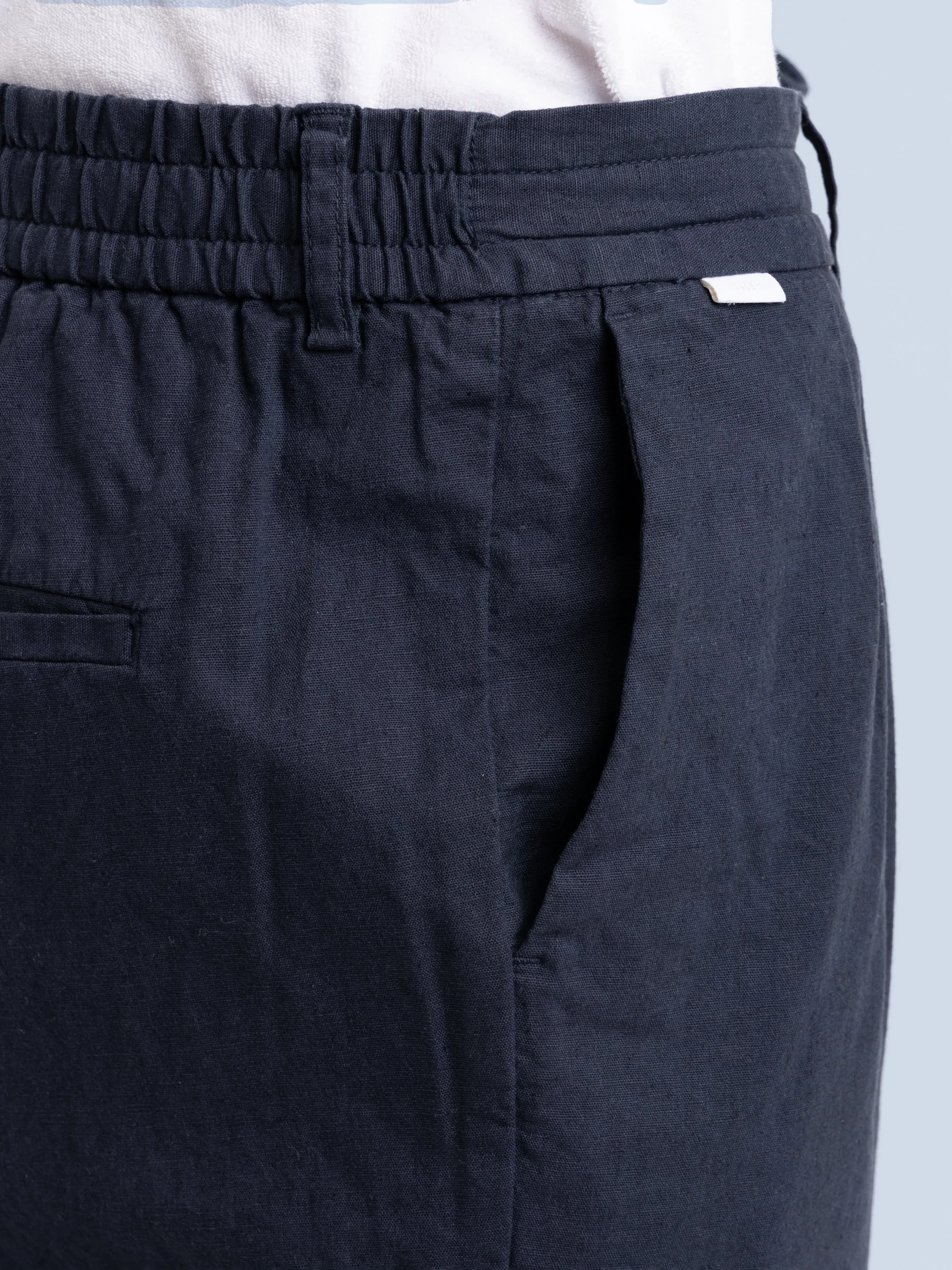 Navy Linen-Cotton Drawstring Trouser