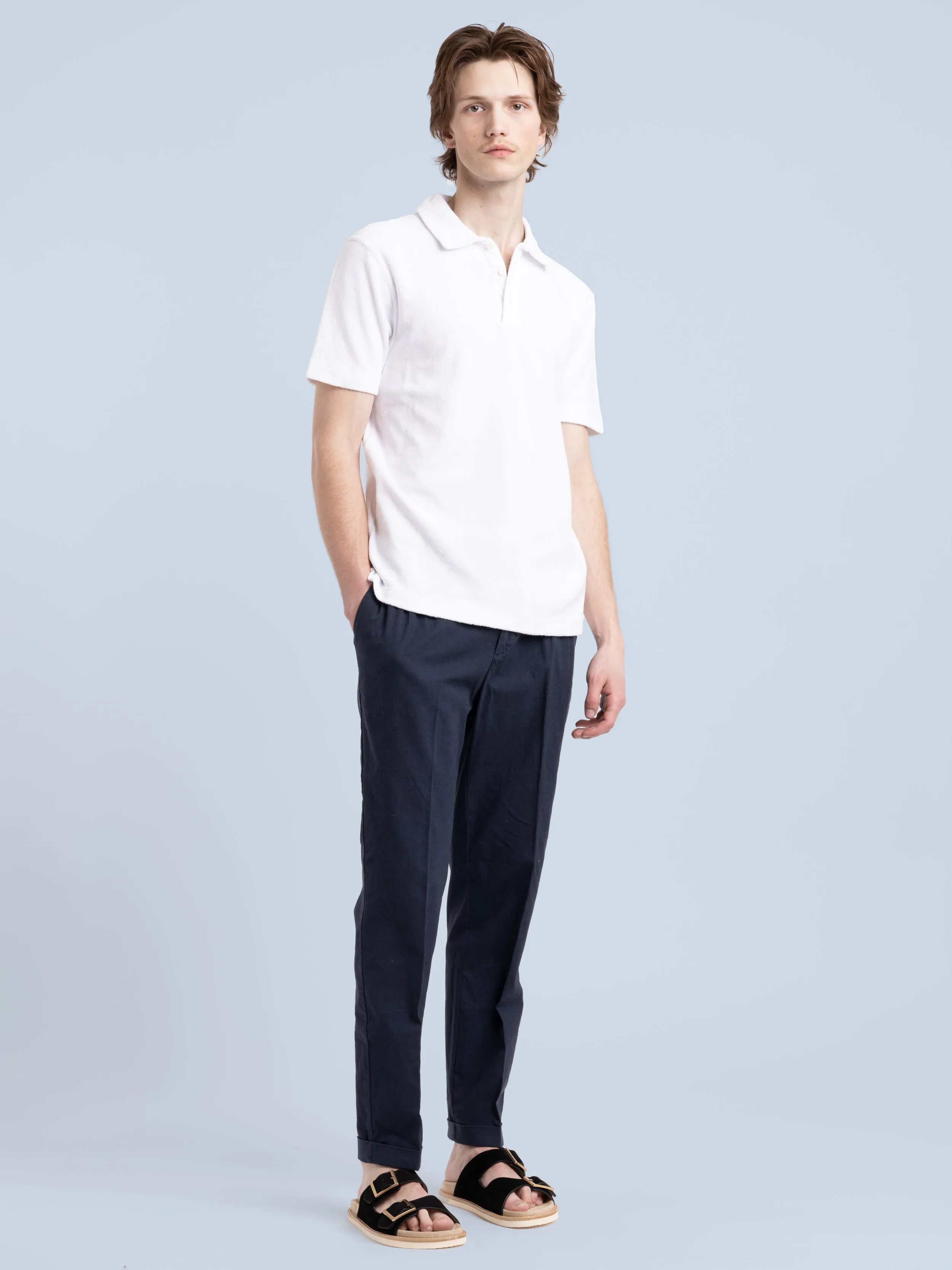 Navy Linen-Cotton Drawstring Trouser